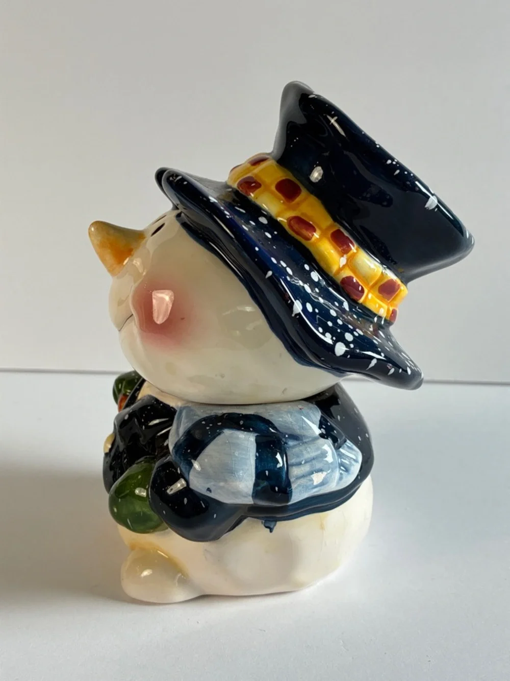 Ceramic Snowman Canister  Figurine with Navy Hat and Green Mittens